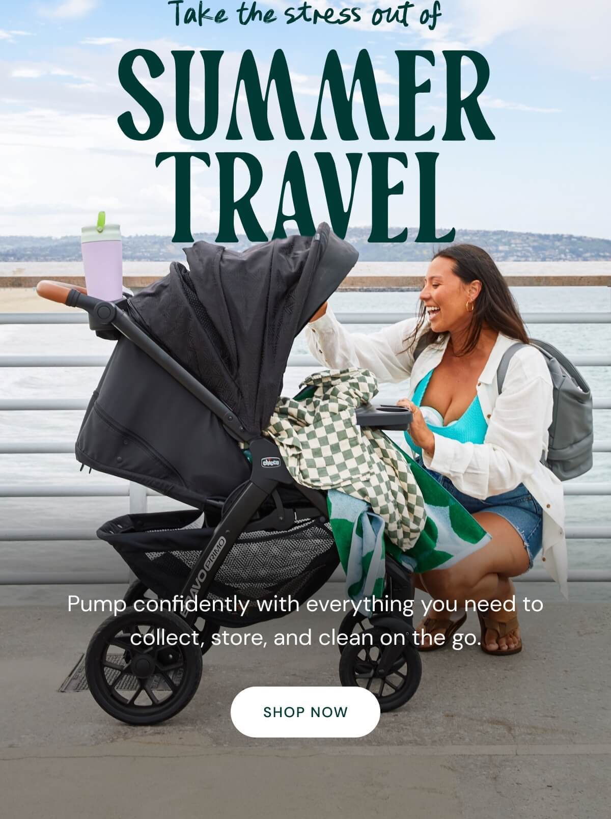 Woman smiling next to a stroller on a waterfront boardwalk with text about summer travel and pumping on the go