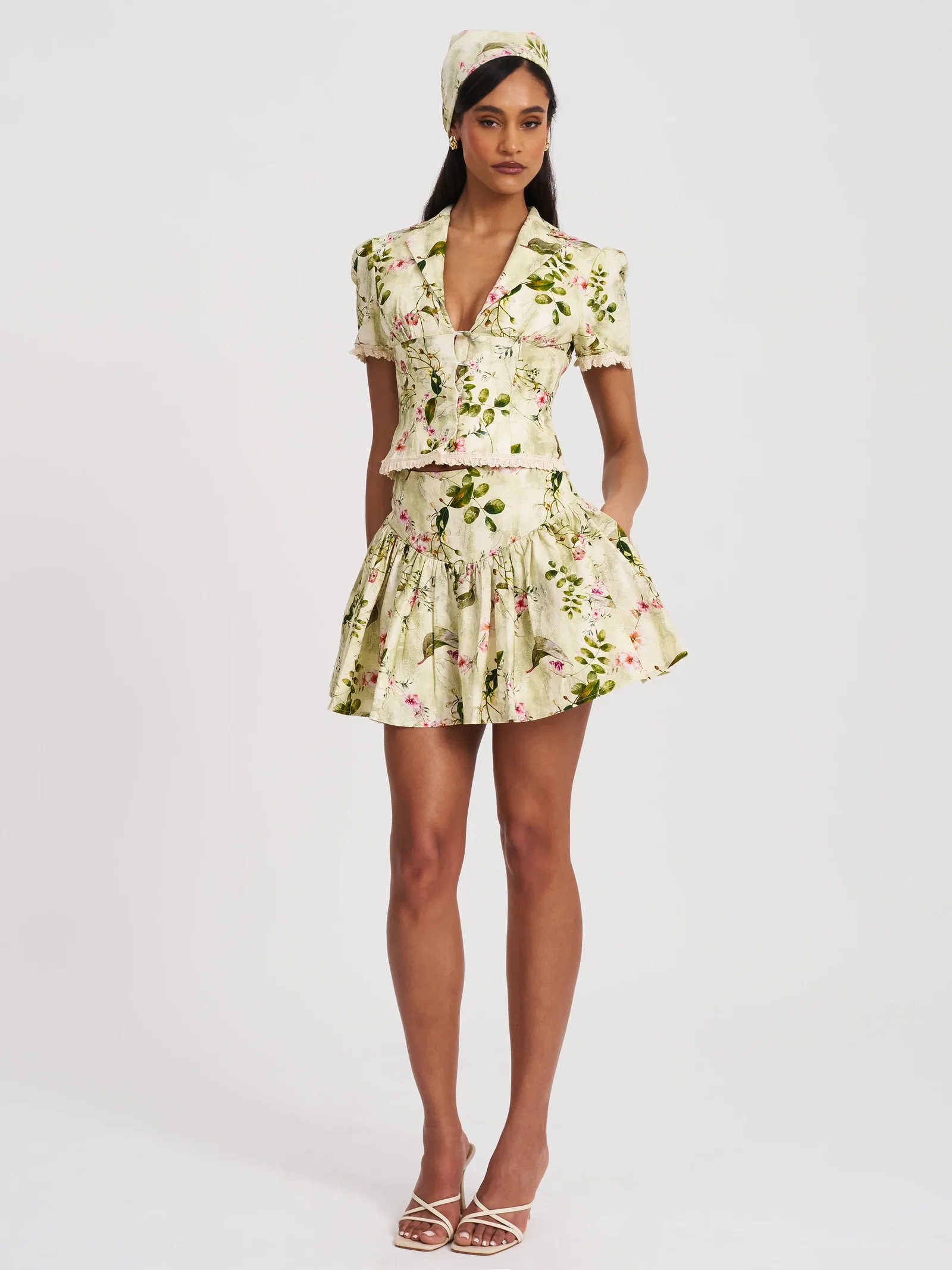 Zanella Green Floral Print Lace Trim Linen Top