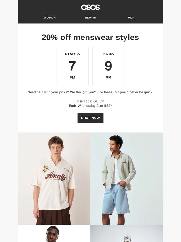 20% off menswear styles – 7-9pm