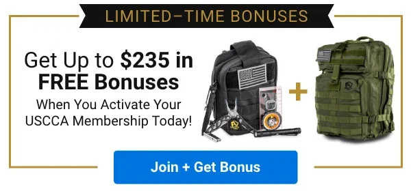 Banner ad promoting up to $155 in FREE bonuses when you activate your USCCA Membership today. The image depicts a black range bag and an olive green tactical backpack.