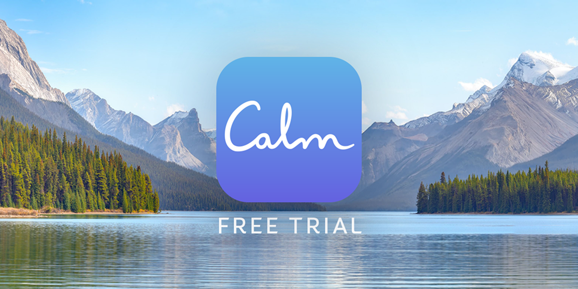 Calm logo tile with the words ‘free trial’ beneath it, placed over a scenic view of a calm lake flanked by lush forests and distant snowcapped mountains.