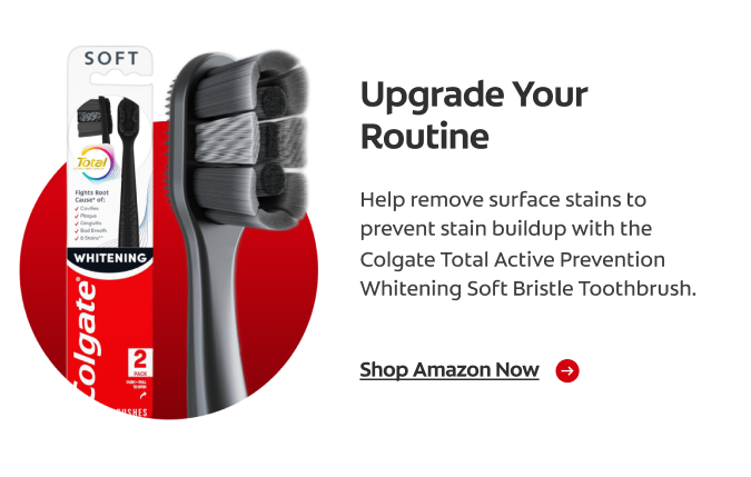 A red circle featuring a Colgate Total Active Prevention Whitening soft Bristle toothbrush inside and outside of its packaging. Text describing the toothbrush is next to it.