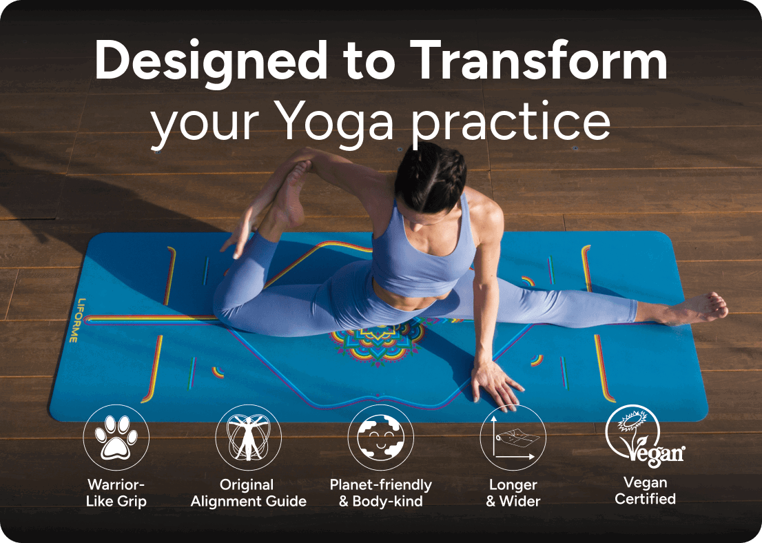 Designed to Transform your Yoga practice – Warrior- Like Grip; Original Alignment Guide; Planet-friendly & Body-kind; Longer & Wider; Vegan Certified