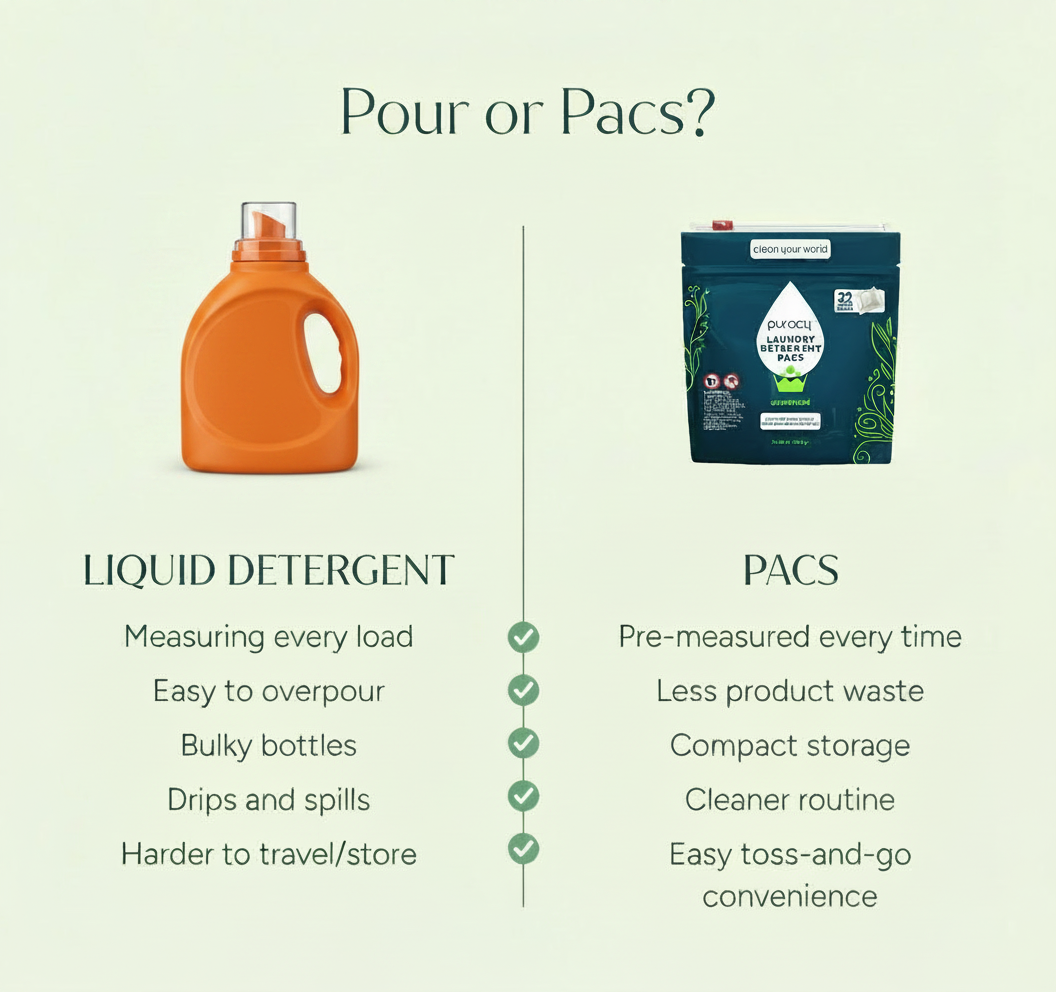 Comparison of liquid laundry detergent and laundry pacs, highlighting pros and cons of each.