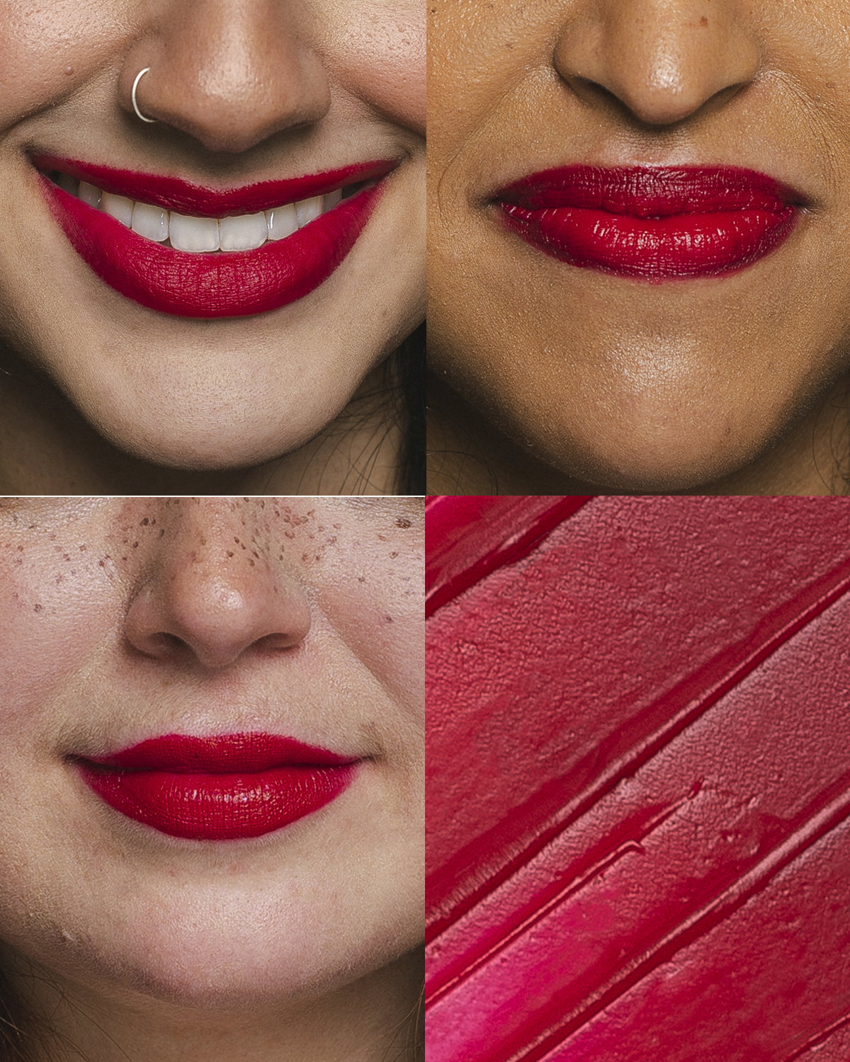 lip swatches in a bold red