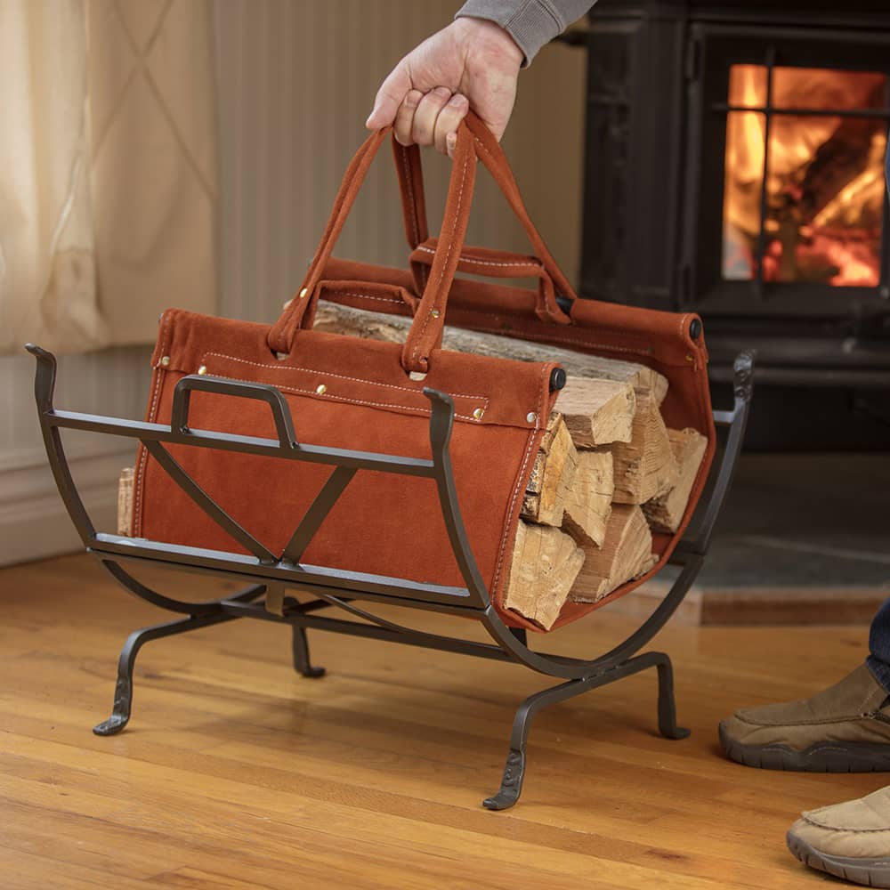 Image of Olde World Iron Log Holder with Suede Leather Carrier