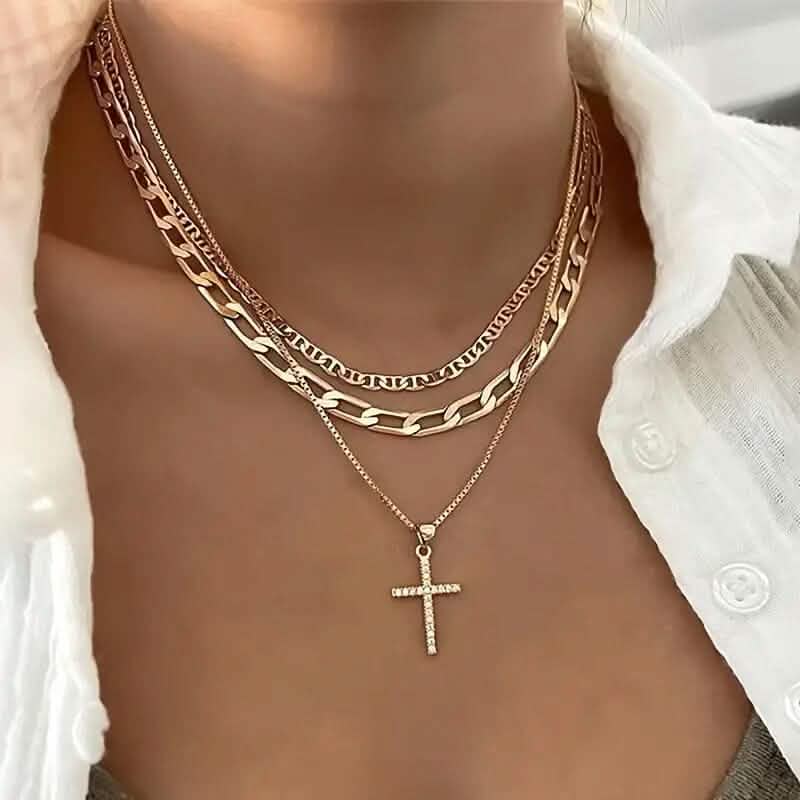 Image of 3-Piece: Women's Retro Luxury Artificial Crystal Cross Stackable Necklace Set