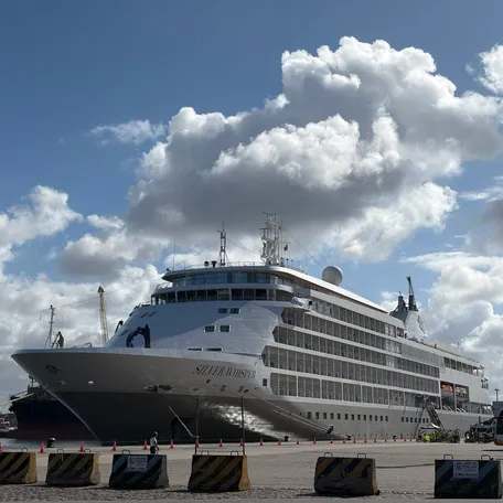 Silversea Cruises' Silver Whisper ship anchored in the port of Montevideo, on February 1, 2026.
