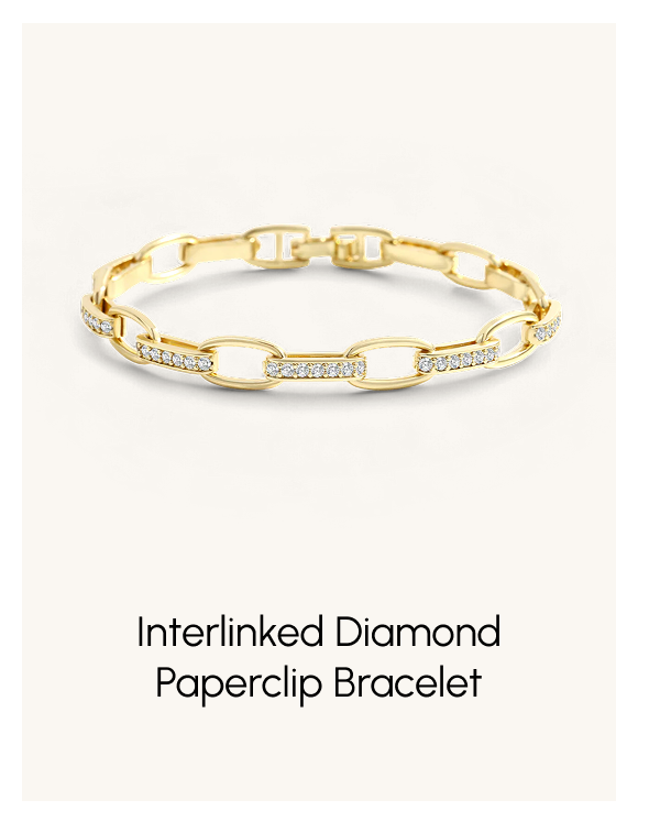 Gold bracelet with chain design on a person's wrist against a dark background Gold chain bracelet with diamond accents on a white background Interlinked Diamond Paperclip Bracelet