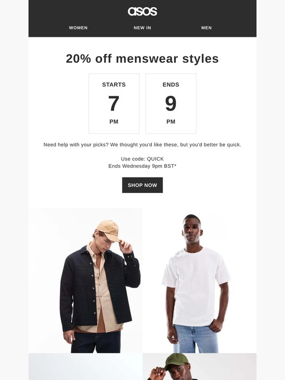 20% off menswear styles – 7-9pm