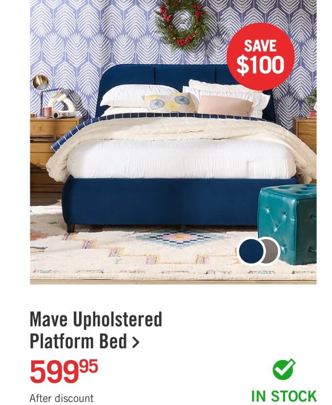 Mave Upholstered Platform Bed in Blue Velvet Fabric.