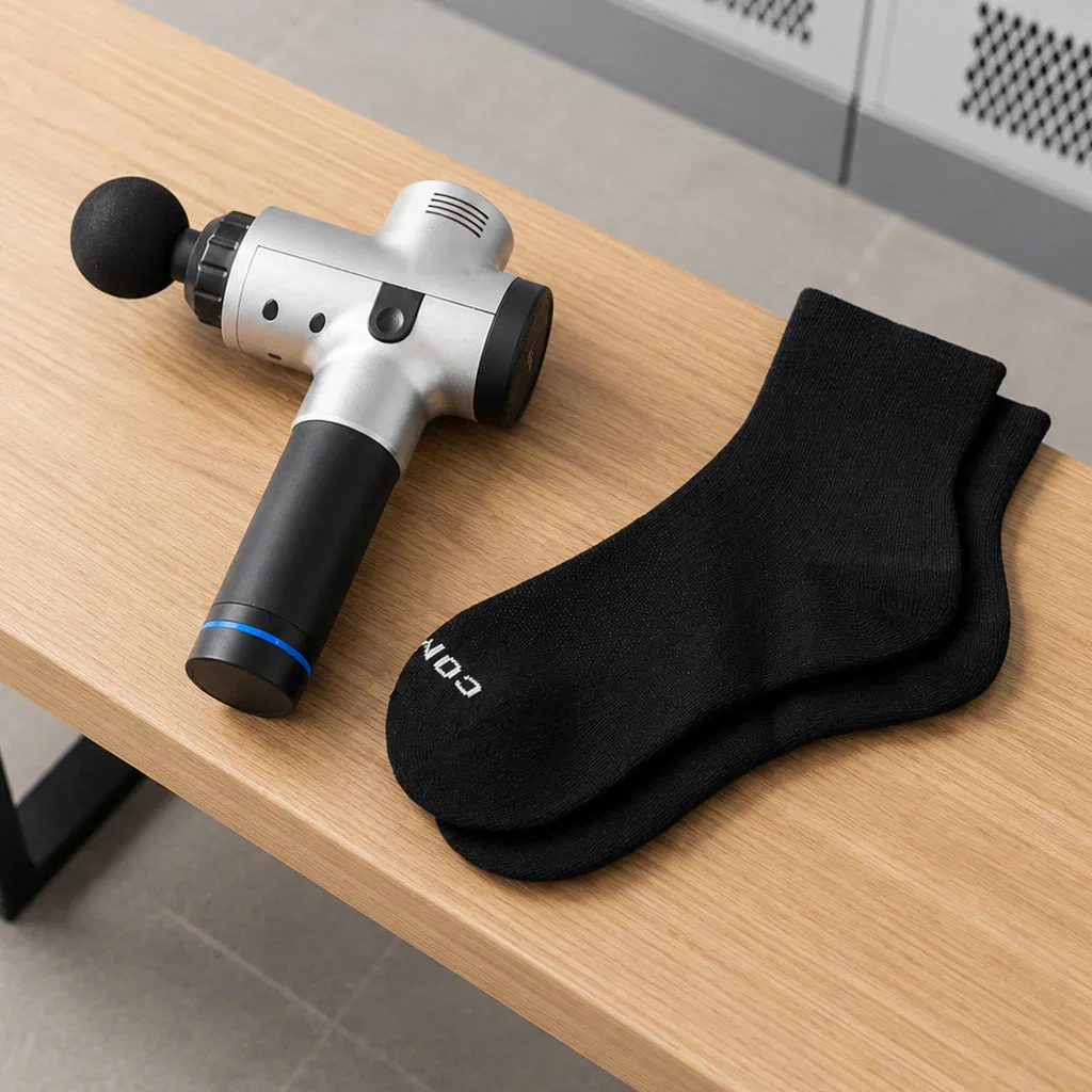 Massage gun and black athletic socks displayed on wooden surface for Workout Ready Accessories collection.