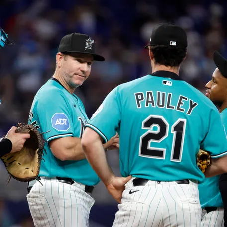 Marlins managerClayton McCullough during a pitching change.