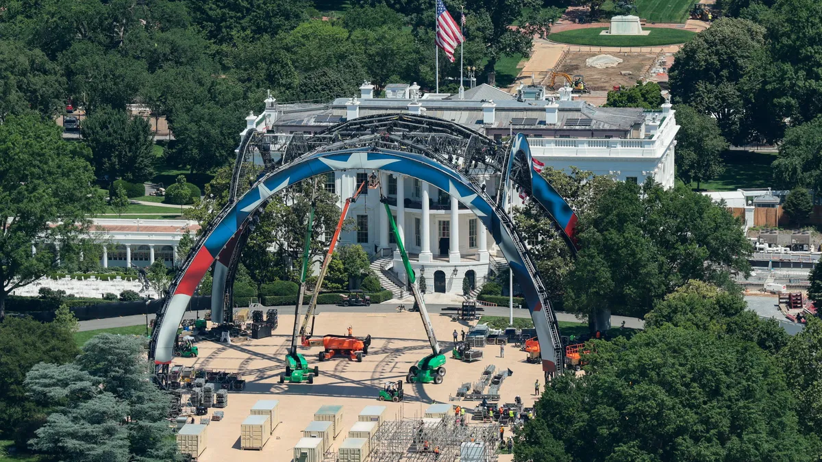 Construction is underway on a temporary arena that will host the UFC Freedom 250 fight card in June on the South Lawn of the White House in Washington, D.C., U.S., May 28, 2026.