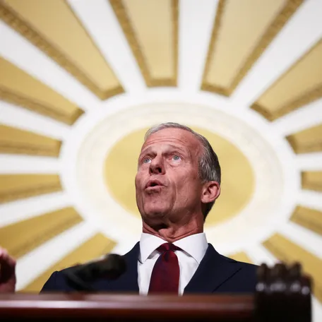 Senate Majority Leader John Thune (R-SD) speaks as Senate Republican leaders hold a press conference following their weekly policy lunch on Capitol Hill in Washington, D.C., on June 2.