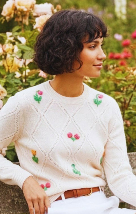 Ladies Brodie Cashmere Floral Stitch Crew Neck