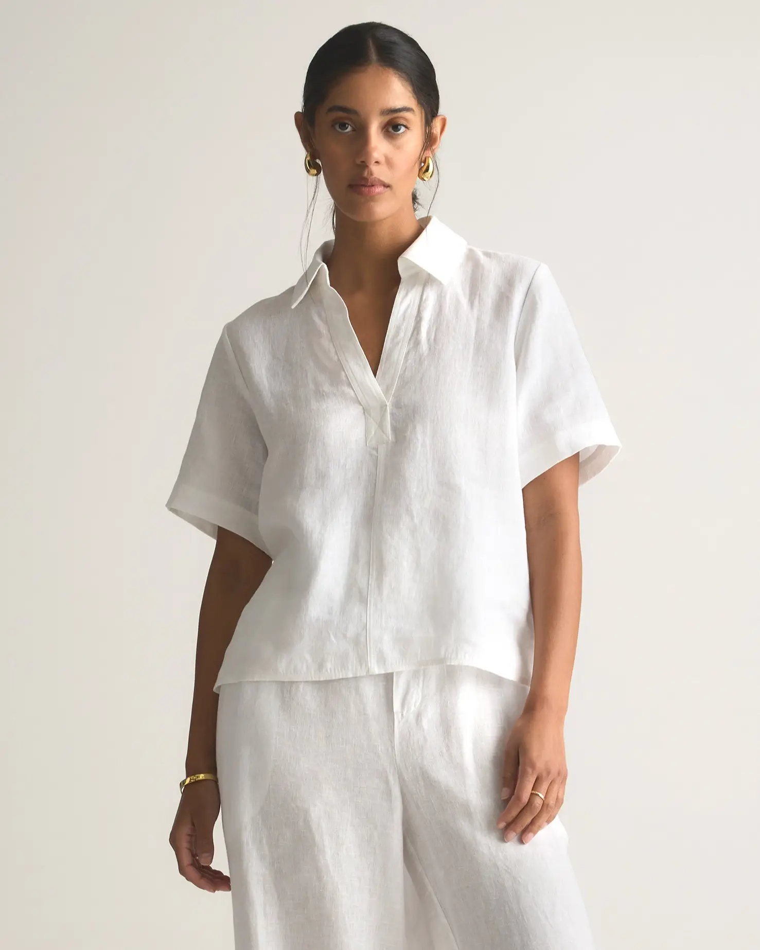 100% European Linen Short Sleeve Popover Top