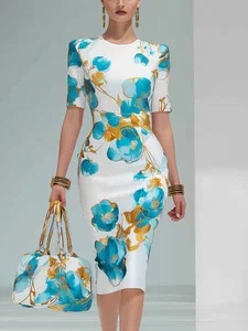 Image of Elegant Floral Sheath Short Sleeve Round Neck Midi Dress