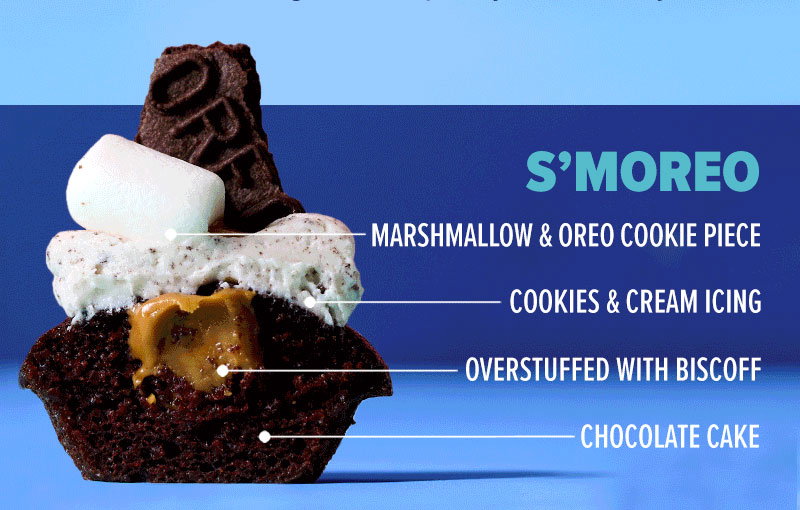 S'moreo: Chocolate cake, overstuffed with Biscoff, cookies & cream icing, and marshmallow & Oreo cookie piece.
