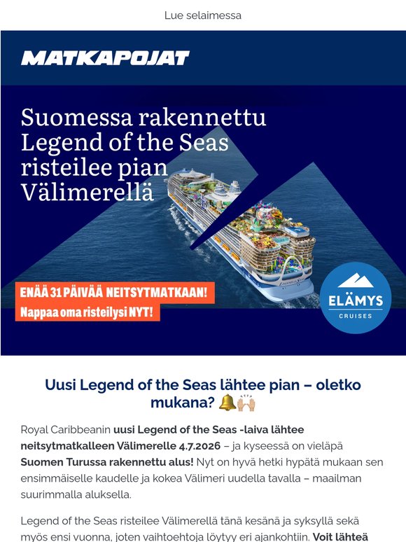 🔥 ENÄÄ 31 PÄIVÄÄ LÄHTÖÖN! Legend of the Seas pian Välimerellä. 🛳️☀️