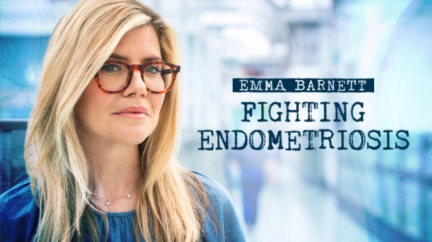 A close-up of Emma Barnett, a woman with blonde hair wearing glasses, against a blurred background. Text on the right reads “Emma Barnett' and 'Fighting Endometriosis'.
