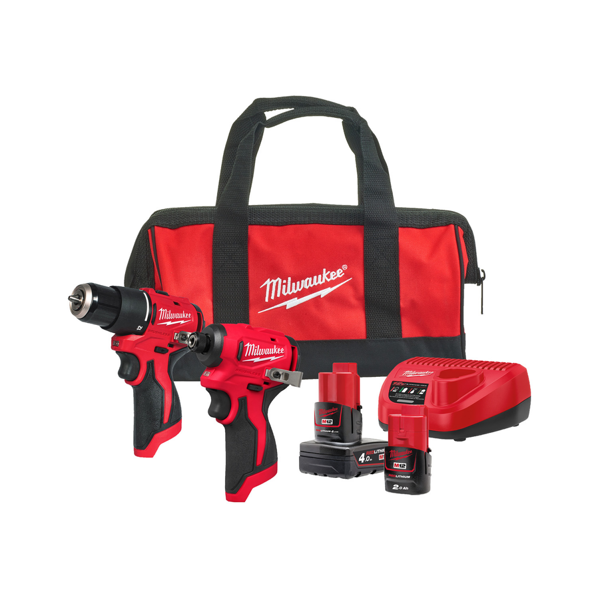 Milwaukee M12 BLPP2B-422B 12V Li-ion accu schroefboormachine (M12 BLPDRC-0) & slagschroevendraaier ( M12 BLIDRC-0) combiset (1x 2.0Ah + 1x 4.0Ah accu) in tas
