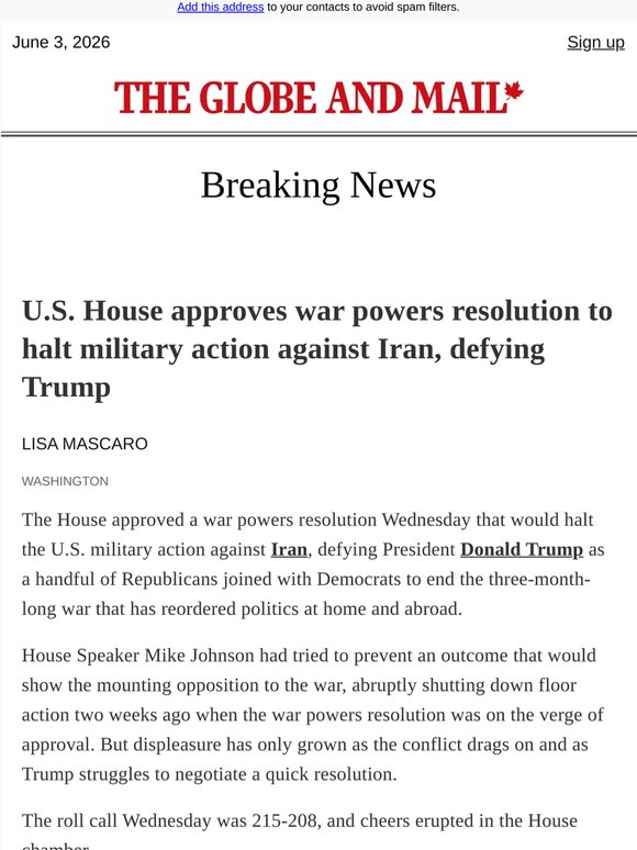Breaking News: U.S. House approves war powers resolution to halt military action against Iran, defying Trump