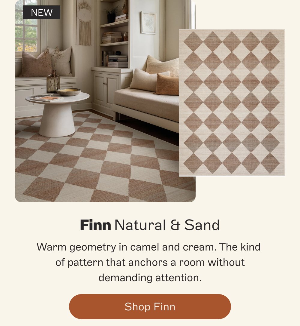 NEW Finn Natural & Sand Warm geometry in camel and cream. The kind of pattern that anchors a room without demanding attention. Shop Finn
