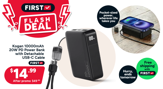 Kogan 10000mAh 20W PD Power Bank with Detachable USB-C Cable