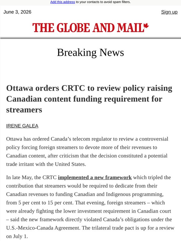 Breaking News: Ottawa orders CRTC to review policy raising Canadian content funding requirement for streamers