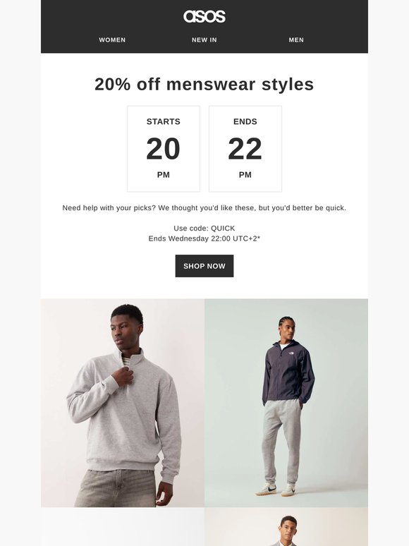 20% off 1000s of styles 20-22pm