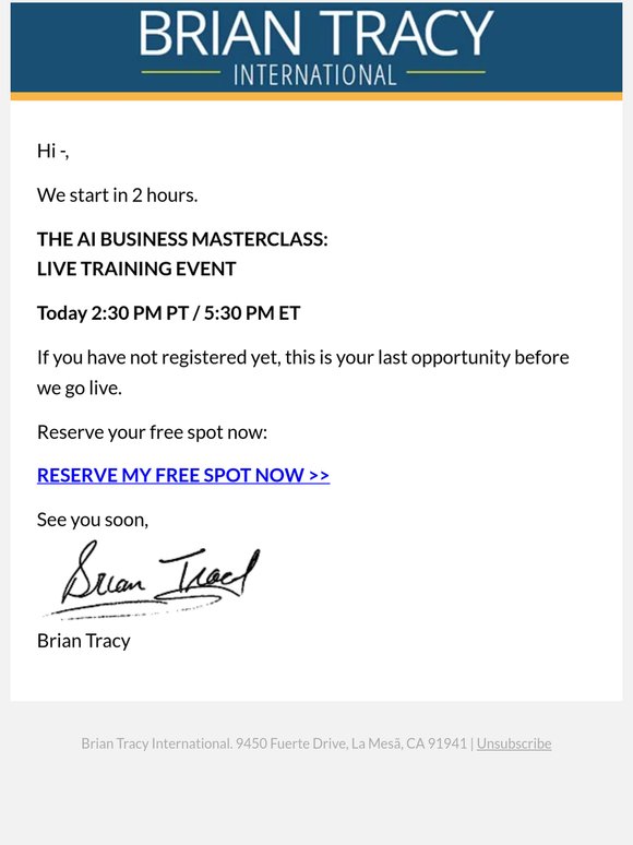 Last call- AI Business Masterclass starts at 2:30 PM today