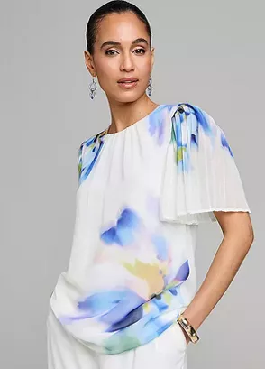 Kaleidoscope Blue Floral Print Pleated Sleeve Blouse