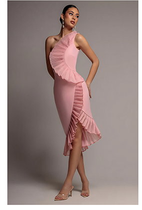One Shoulder Pleated Fan Midi Dress - Blush Pink by Goddiva
