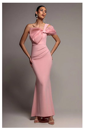 Organza Bow One Shoulder Scuba Crepe Maxi Dress - Blush Pink by Goddiva