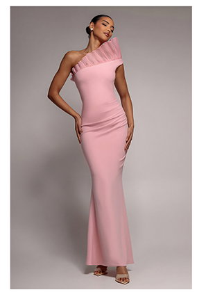  One Shoulder Organza Frill Pleated Mermaid Maxi Dress