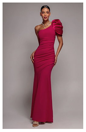 One Shoulder Puffed Satin Sleeve Evening Maxi Dress - Magenta by Goddiva