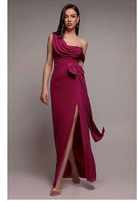 One Shoulder Cowl With Bow Detail Maxi Dress - Magenta by Goddiva
