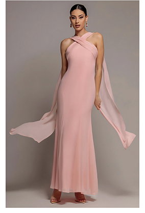  Cross Front Scarf Back Chiffon Mermaid Maxi Dress - Blush Pink by Goddiva