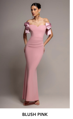 Satin Bow Bardot Sheath Maxi Dress - Blush Pink by Goddiva 