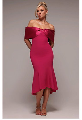  Twist Knot Satin & Scuba Bardot High Low Midi Dress 