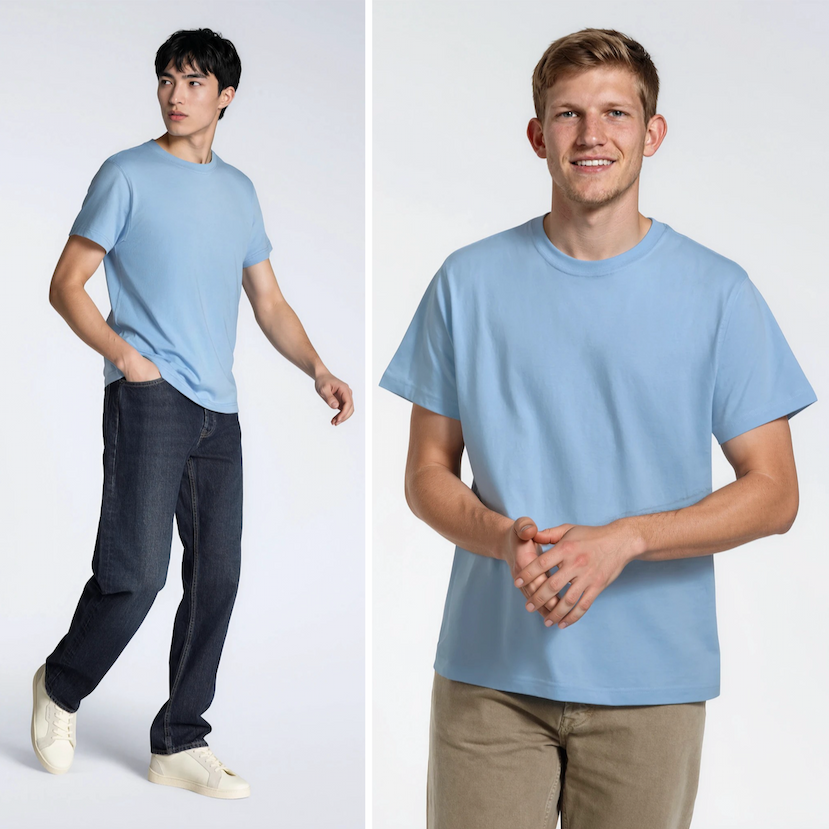 A collage of two men modelling light blue, organic cotton t-shirts.
