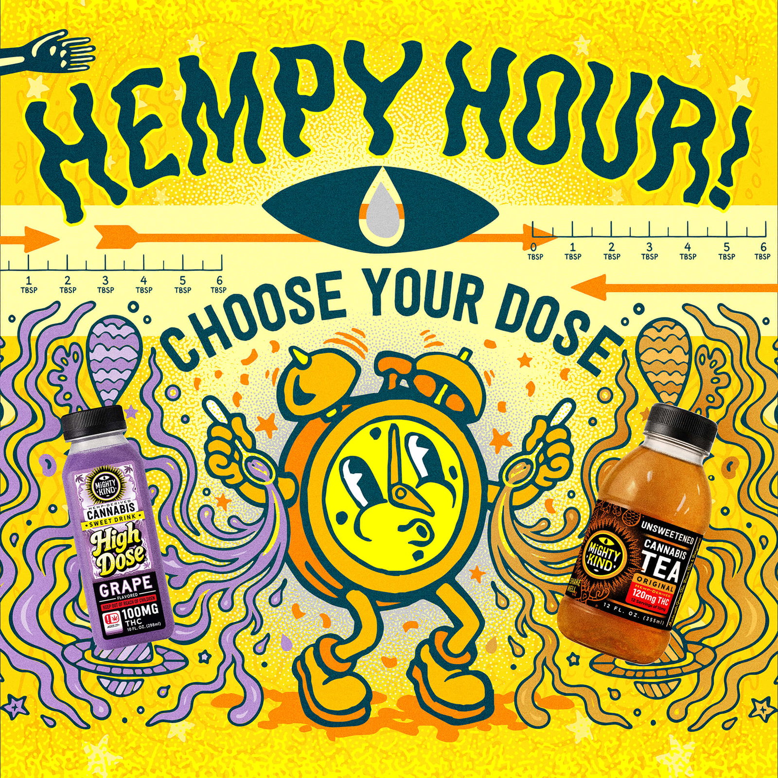 Image of Hempy Hour Clocky Mascot holding a bottle of grape sweet drink and a bottle of tea!