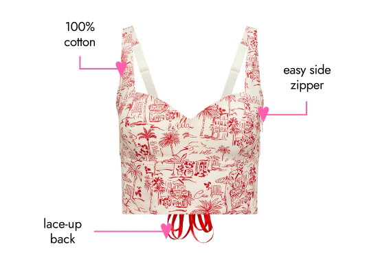100 percent cotton. easy side zipper. lace-up back.