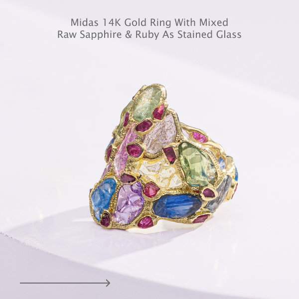 Midas 14K Gold Ring with Mixed Raw Sapphire & Ruby as Stained Glass
