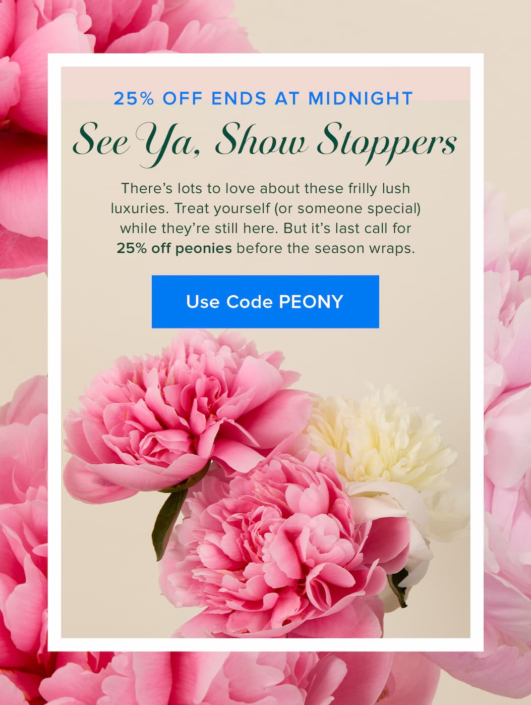 25% Off Ends At Midnight. See Ya, Show Stoppers. There's lots to love about these frilly lush luxuries. Treat yourself (or someone special) while they're still here. But it's last call for 25% off peonies before the season wraps. Use code PEONY