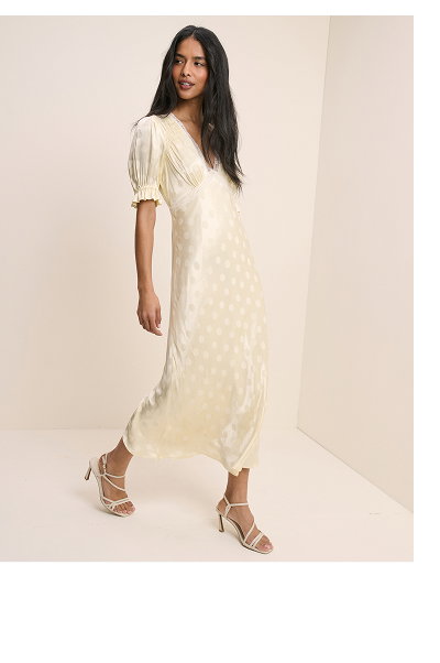 Butter Yellow Polka Dot Satin Angela Midi Dress