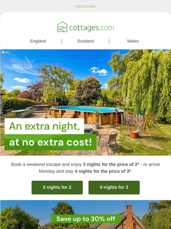 3 nights for 2 and 4 nights for 3 - enjoy a bonus night away