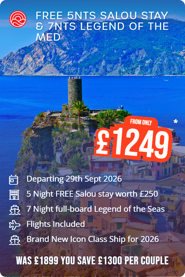 Free 5nts Salou Stay & 7nts Legend of the Med – Smart Holiday promotional image. From £1,249 Includes: Departing 29th Sept 2026, 5 Night FREE Salou stay worth £250, 7 Night full-board Legend of the Seas, Flights Included, Brand New Icon Class Ship for 2026. WAS £1899 YOU SAVE £1300 PER COUPLE