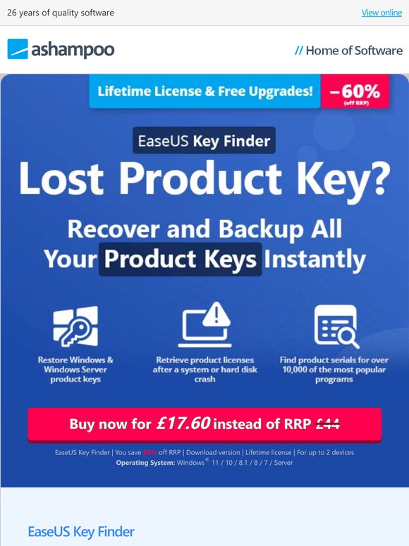 Lost Product Key? Recover and Backup All Your Product Keys Instantly! EaseUs Key Finder